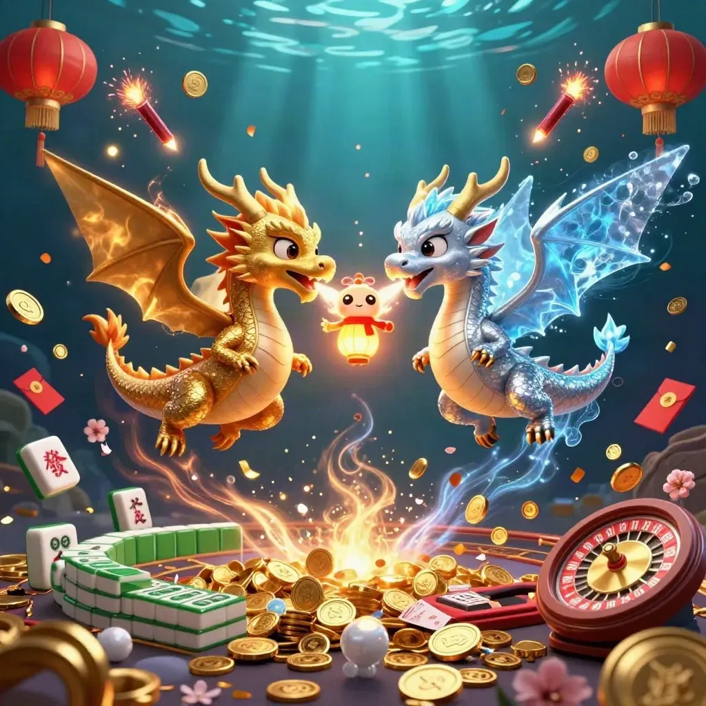 Two intertwined dragons amid coins, fireworks, lanterns, and casino props in luxe blue-gold key art