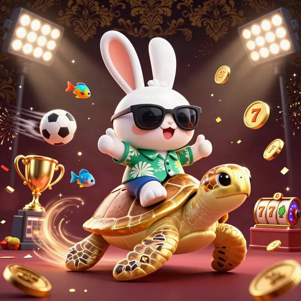 Lucky rabbit rides a golden sea turtle amid casino icons, coins, fireworks, and neon glow.