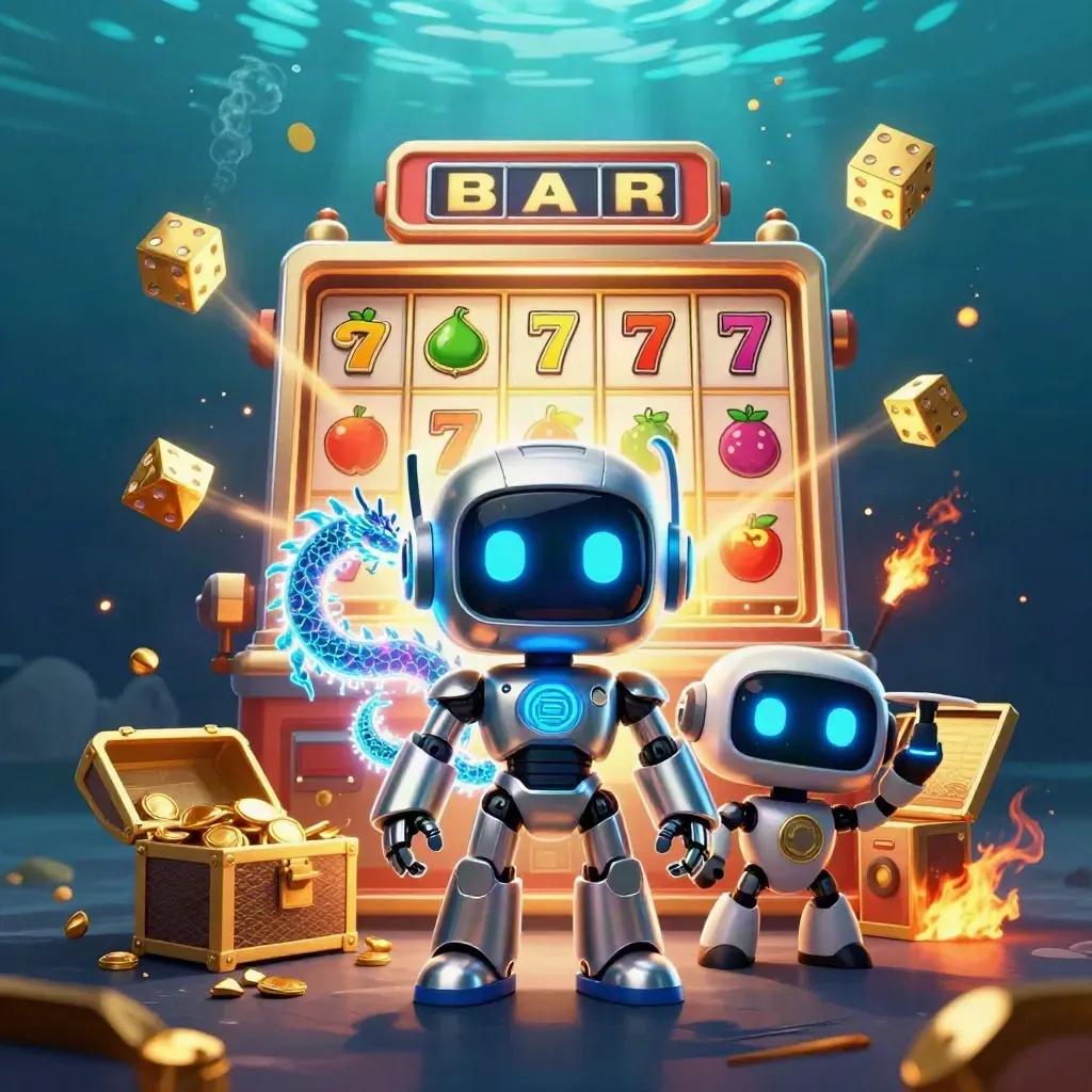 Chrome robot, holographic dragon, and coin drone amid slot bursts, gold, and underwater light rays.