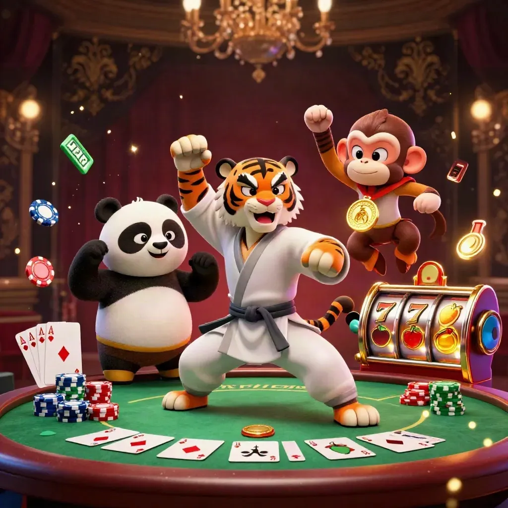 Kung-fu tiger, panda, and monkey amid casino chips, cards, reels, and golden light.