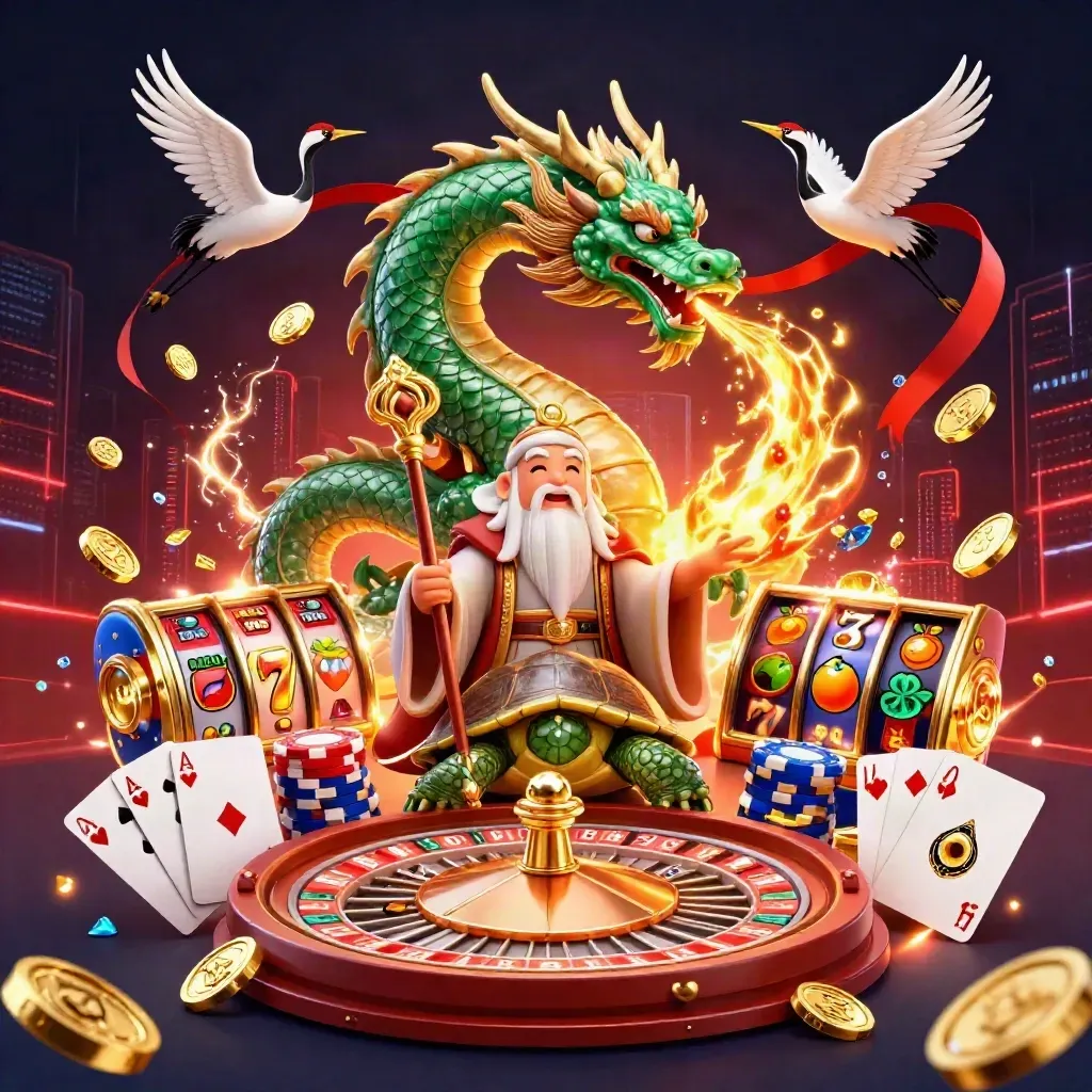 Emerald dragon, turtle sage, and cranes amid gold coins, roulette, chips, and neon casino effects
