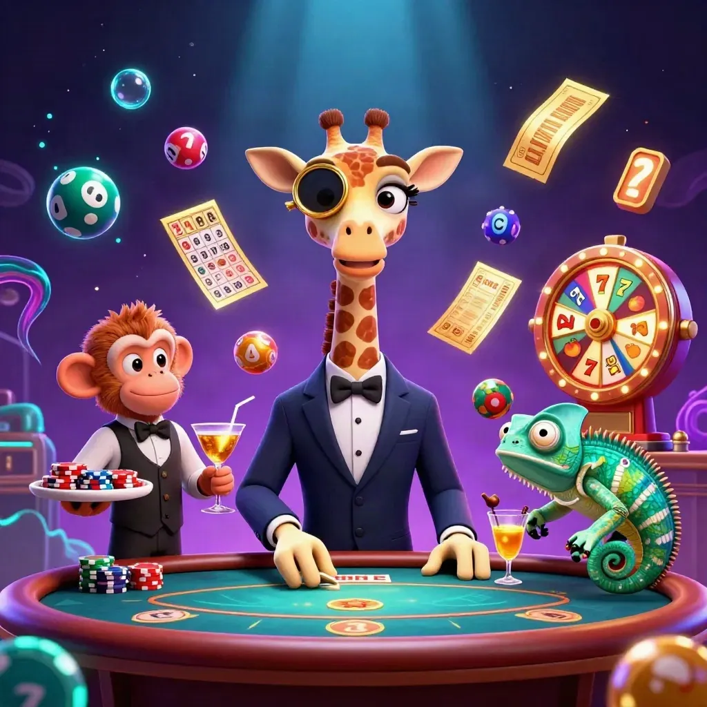 Giraffe, monkey valet, and chameleon bartender amid casino reels, balls, and gold confetti.