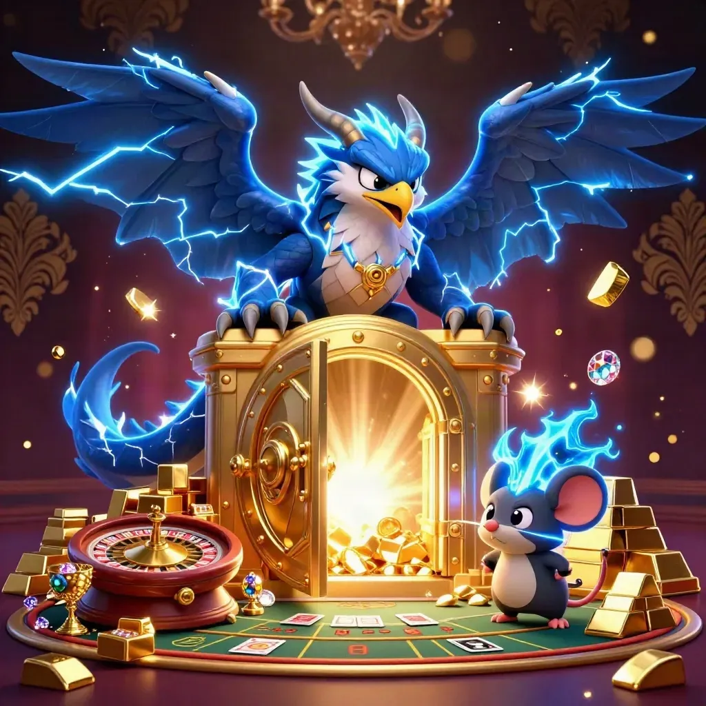 Thunder dragon, glowing hawk and static mouse amid gold vault, cards and casino lights.