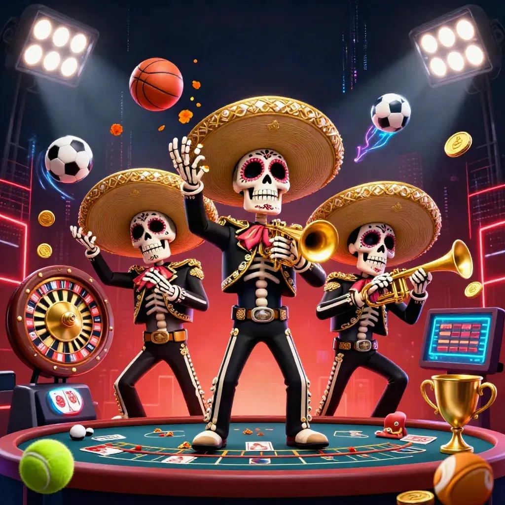 Three skeleton mariachi musicians amid casino symbols, neon lights, coins, and a glowing roulette wheel.