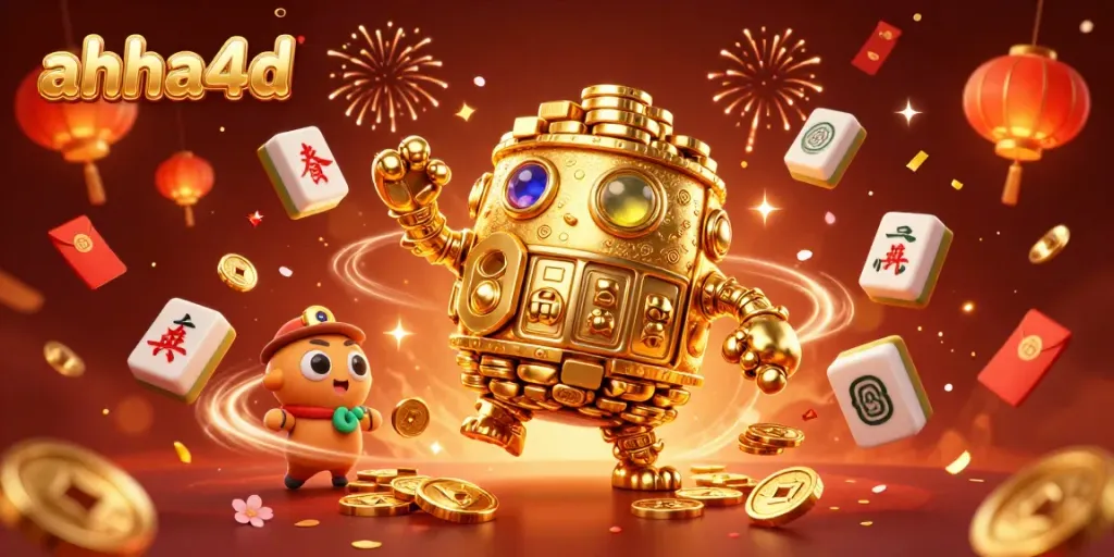 Engage with ahha4d's vibrant 3D illustration showcasing a golden golem among casino elements.