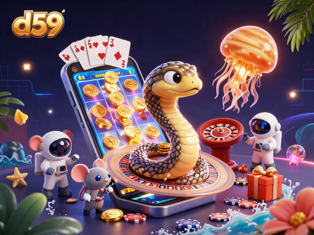 Dive into d59 gaming excitement with vibrant slot reels, betting astronaut mice, and the cosmic dealer in action.