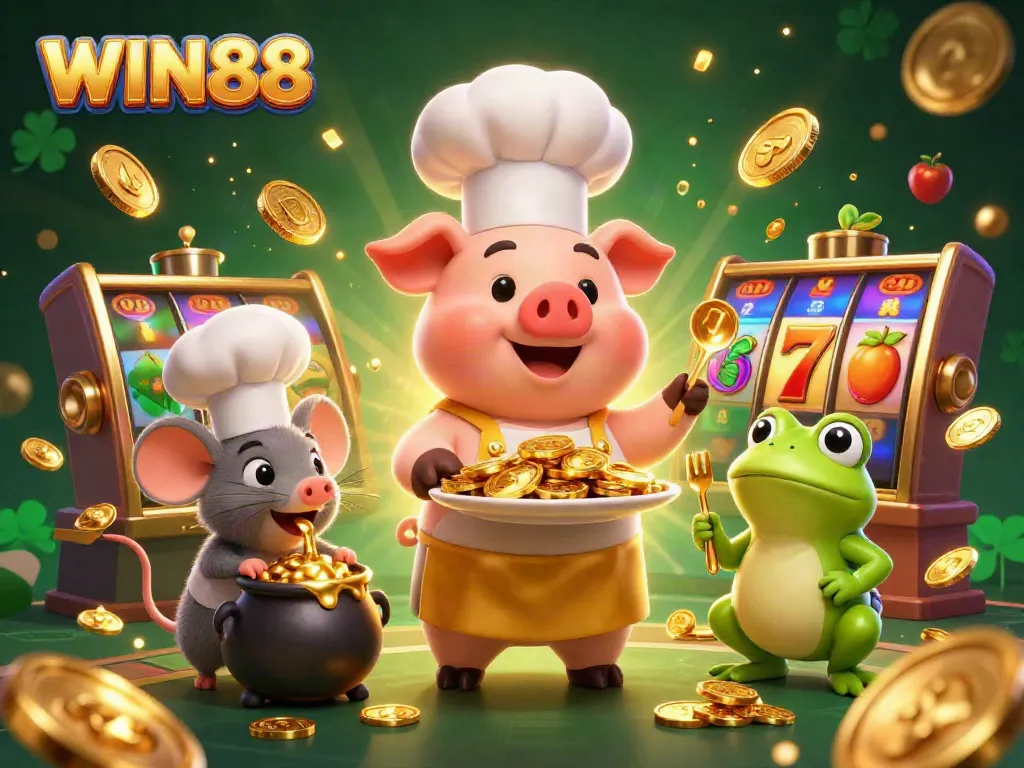 Engage with WIN88 through slots and jackpots featuring lively characters in vibrant casino art