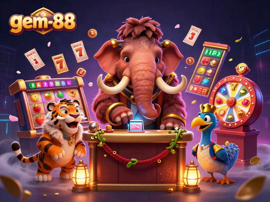 Experience the vibrant atmosphere of gem-88 with the woolly mammoth bouncer and dynamic casino elements.