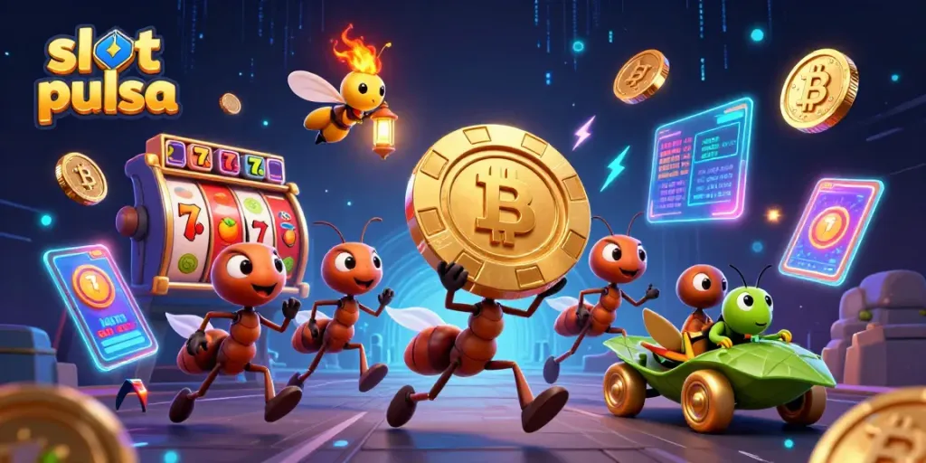 Engage in thrilling slot pulsa experiences as 3D cartoon ants heist golden poker chips.