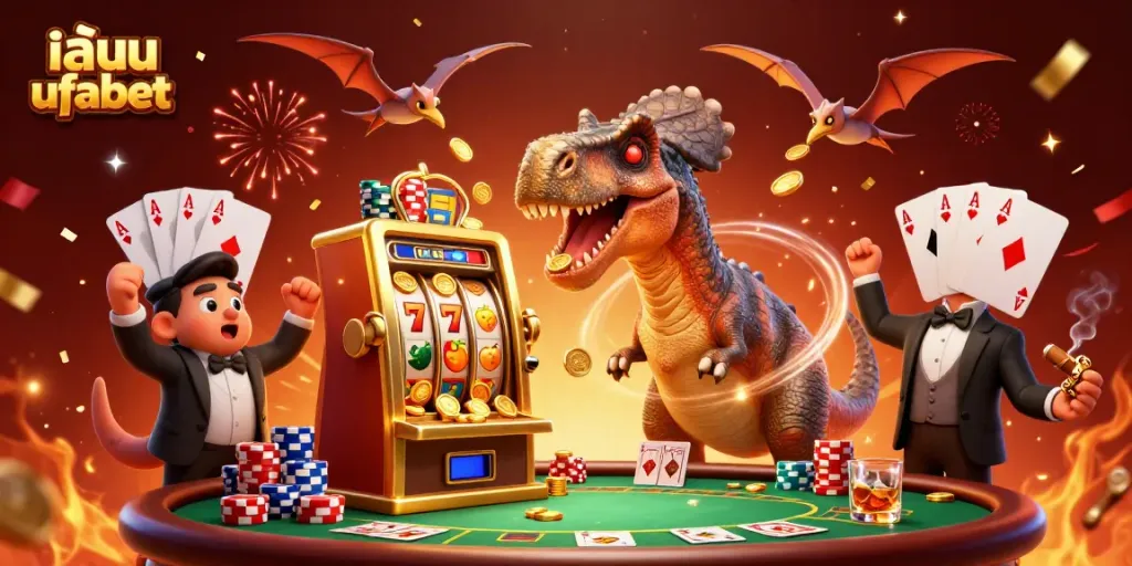 เล่น ufabet as a fun cartoon depiction with engaging characters and dynamic casino elements.
