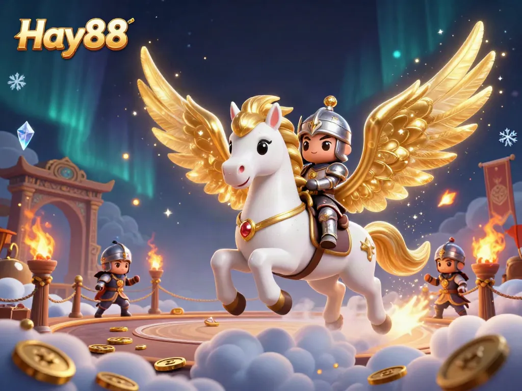 Experience the thrill of Hay88 with a celestial horse and knight in a vibrant betting battle arena.