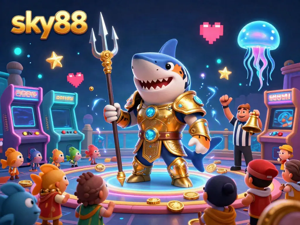 Experience thrilling gameplay at sky88 with a dynamic underwater scene featuring a tiger shark and arcade game elements.