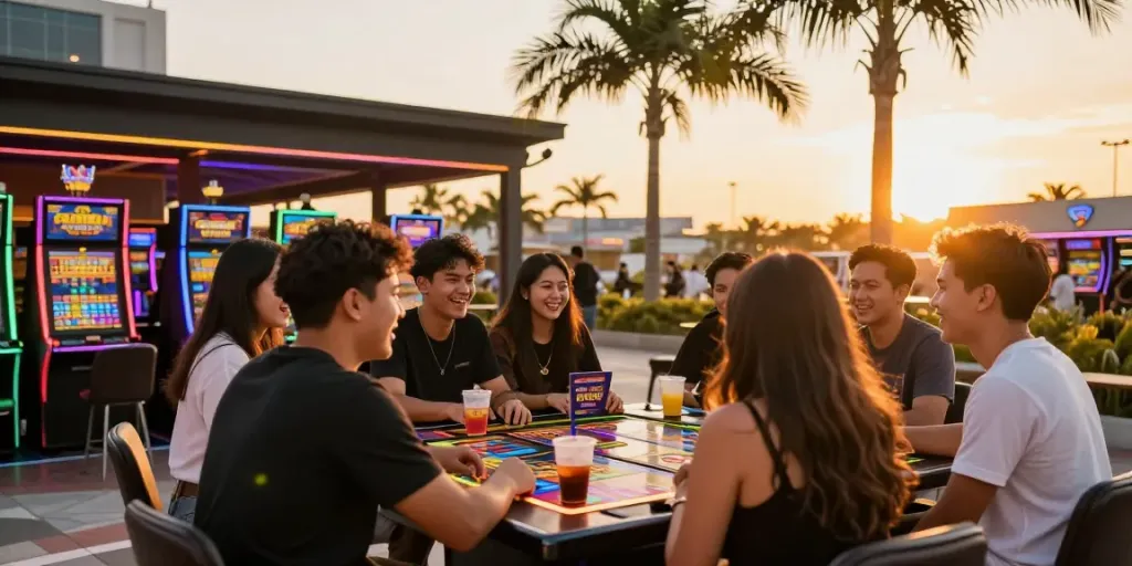 Group enjoying slot gacor games under sunset at casino.