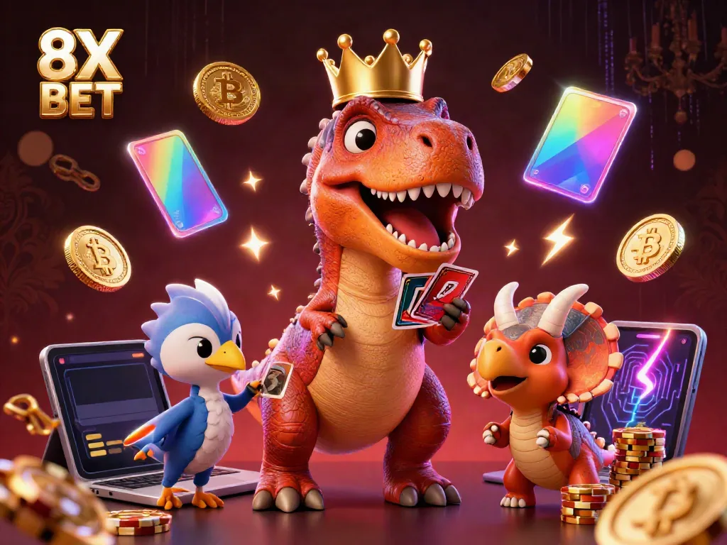 Engage with 8X BET through a colorful and dynamic casino-themed scene featuring charming characters.