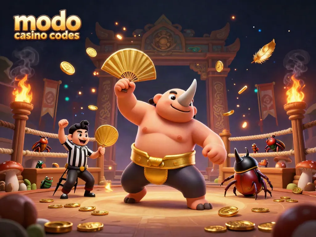 Play games with modo casino promo codes, featuring a dynamic scene of a rhinoceros beetle champion.