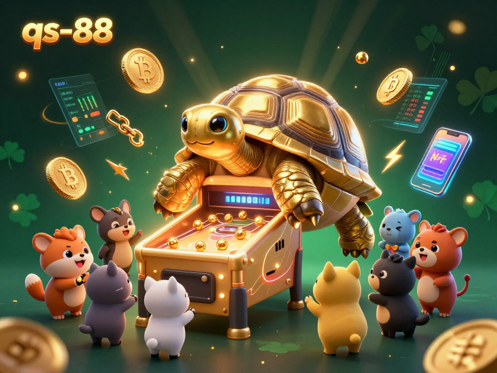 Engage with qs-88's thrilling gaming scene, featuring vibrant 3D crypto elements and cartoon characters.