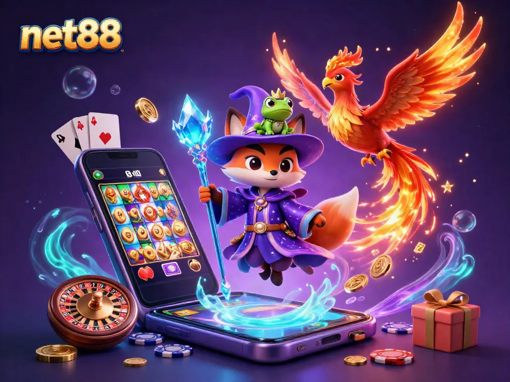 Experience the magic of net88 with a dynamic 3D casino scene filled with vibrant characters and exciting gaming elements.