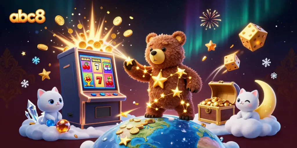 abc8 showcases a vibrant 3D casino scene with a constellation bear and slot machine jackpots.