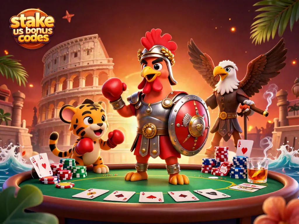 Play and Win with stake us bonus codes in a vibrant casino scene featuring dynamic 3D characters.