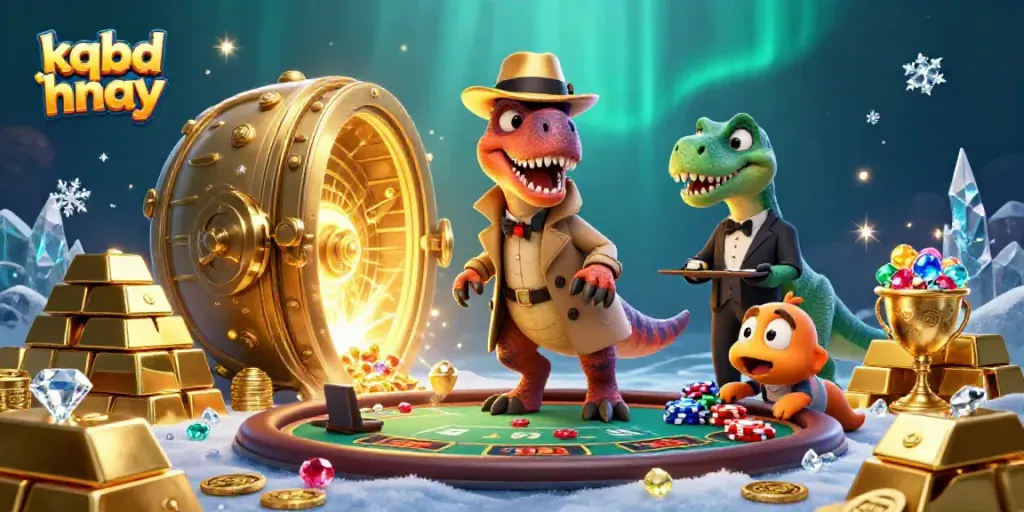 Experience the thrilling atmosphere of kqbd hnay during a playful blackjack scene with animated dinosaur characters.