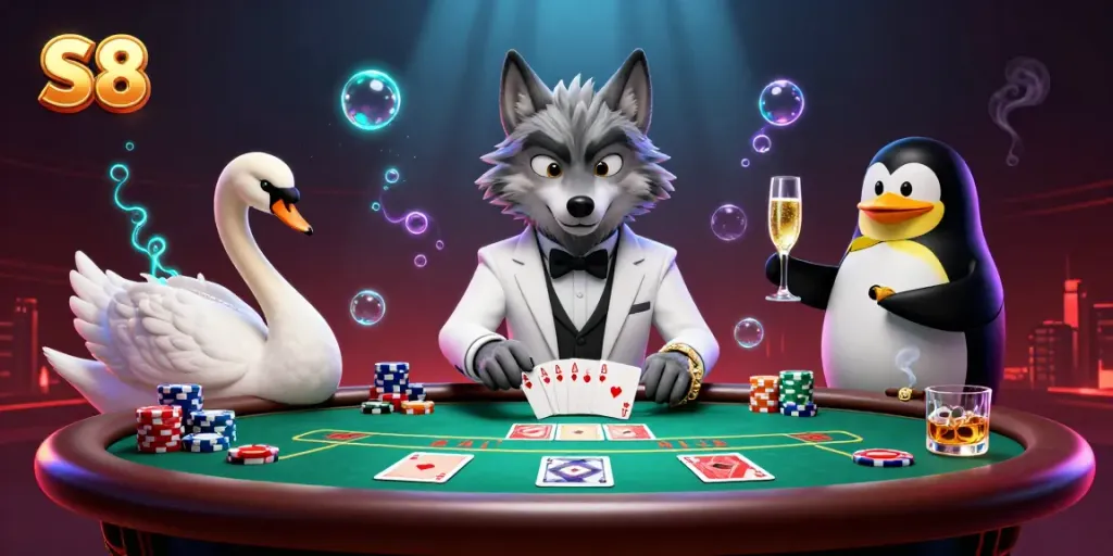 Experience the thrill of the S8 online casino with captivating characters at a baccarat table, showcasing dynamic gameplay.