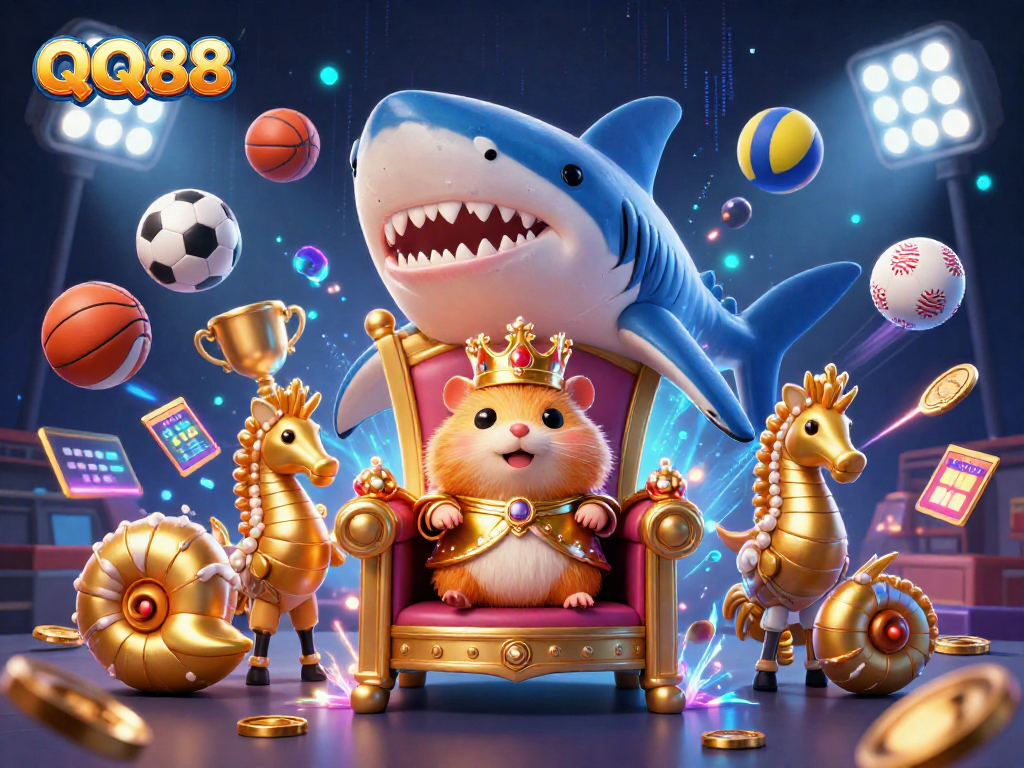 Engage in thrilling gameplay at QQ88 with a vibrant illustration showcasing a miniature hamster king, seahorse guards, and dynamic sports action.