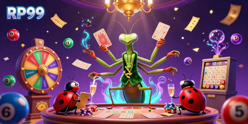 RP99 brings excitement with a vibrant scene of a card sharp mantis and ladybug pit boss in a casino setting.