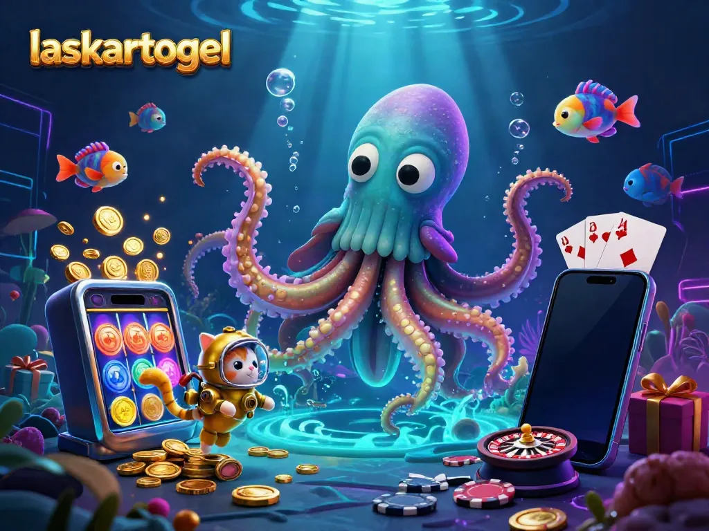 Engage in excitement with laskartogel featuring a kraken, diving cat, and treasure amidst vibrant slot game elements.