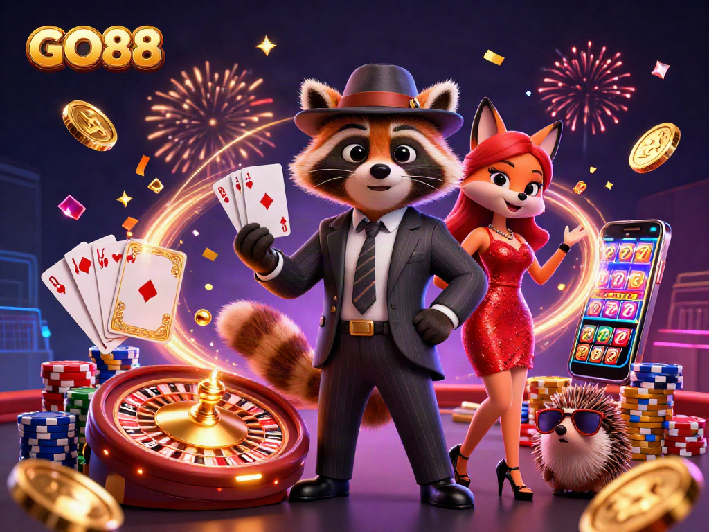 Experience the thrill of GO88 with a vibrant casino illustration featuring characters and gaming elements.