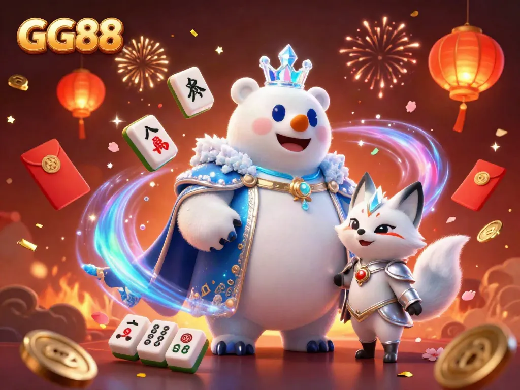 Experience the vibrant gaming atmosphere of GG88 with a captivating 3D illustration featuring an ice king and a snow fox amidst gambling elements.