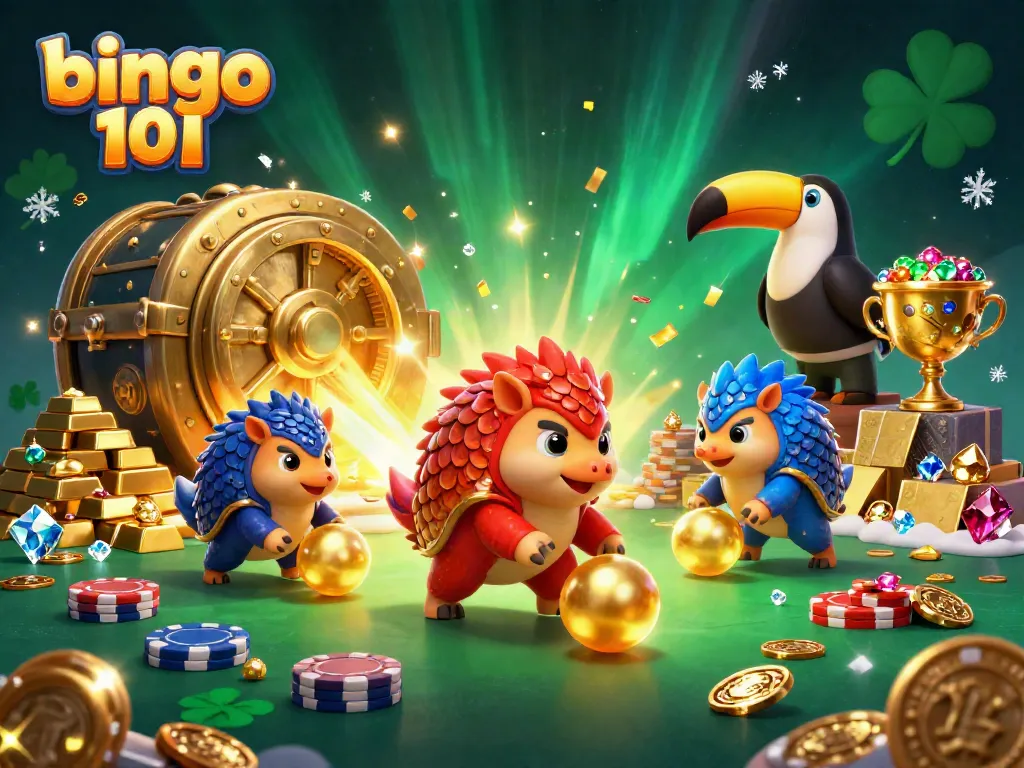 Engaging bingo 101 action with rival pangolins and a toucan referee in a vibrant casino setup.