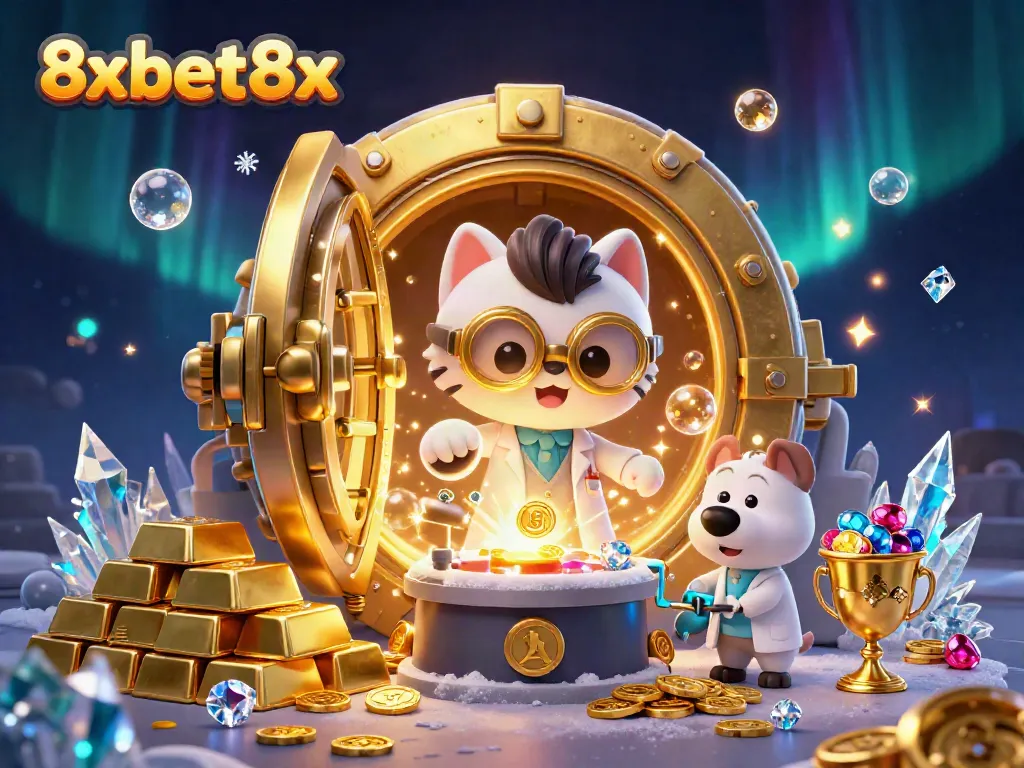 Experience thrilling wins at 8xbet8x with golden treasure and vibrant casino elements in a dynamic scene.