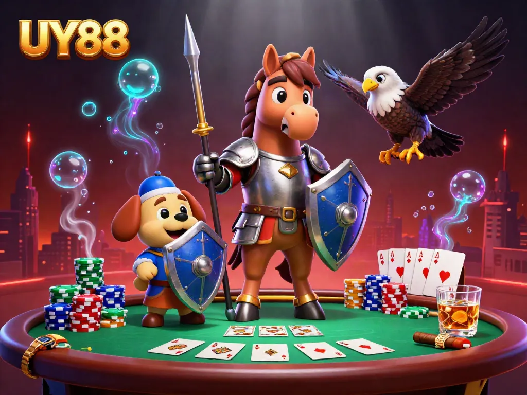 Engage with UY88 at a vibrant poker table scene, featuring unique characters in a rich 3D illustration.