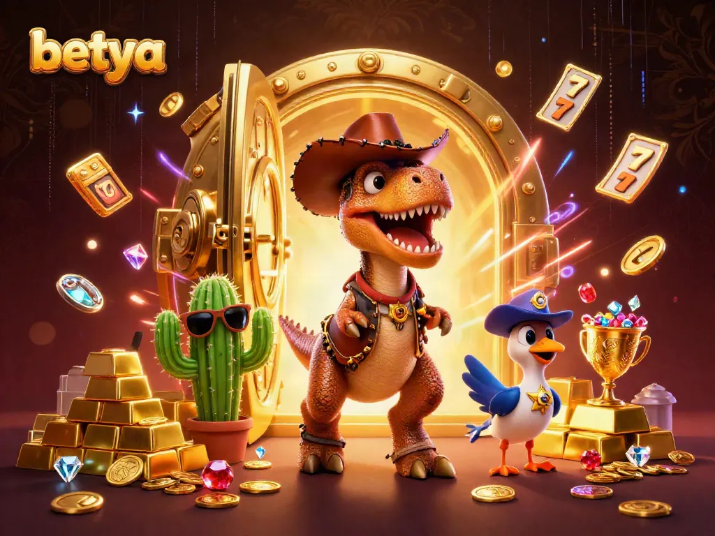 Experience the thrill of betya with a dynamic casino scene featuring cartoon characters and gold treasures.