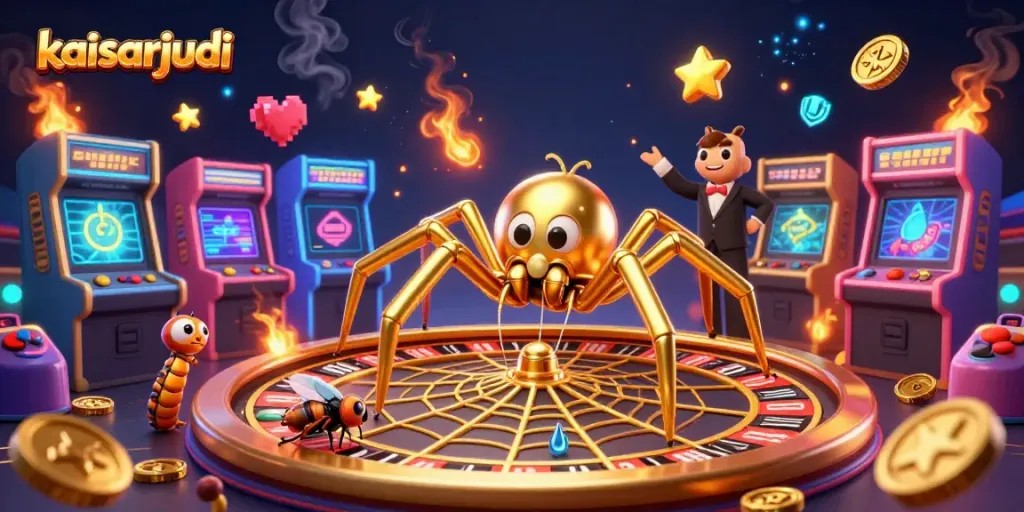 Engaging kaisarjudi illustration showing a golden spider and a centipede croupier amid vibrant casino elements.