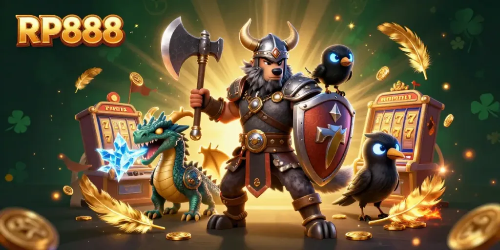 RP888's vibrant gaming experience with a Viking warrior, fierce dragon, and dynamic slot machine elements.