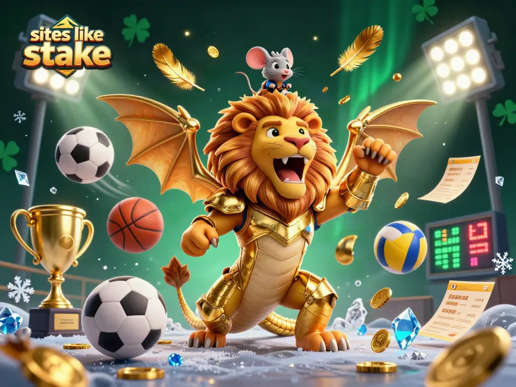 Experience thrill at sites like stake with a whimsical 3D chimera and a brave mouse jockey amid dynamic sports elements.