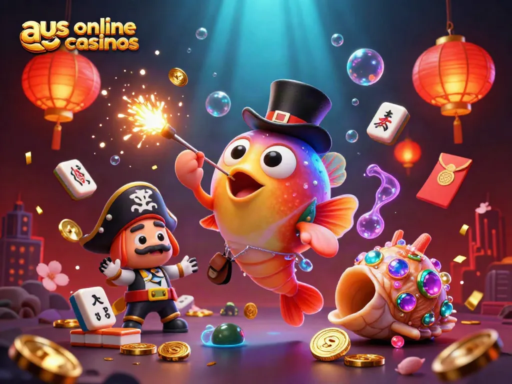 Engage with aus online casinos through a vibrant, dynamic illustration featuring casino-themed underwater characters and elements.