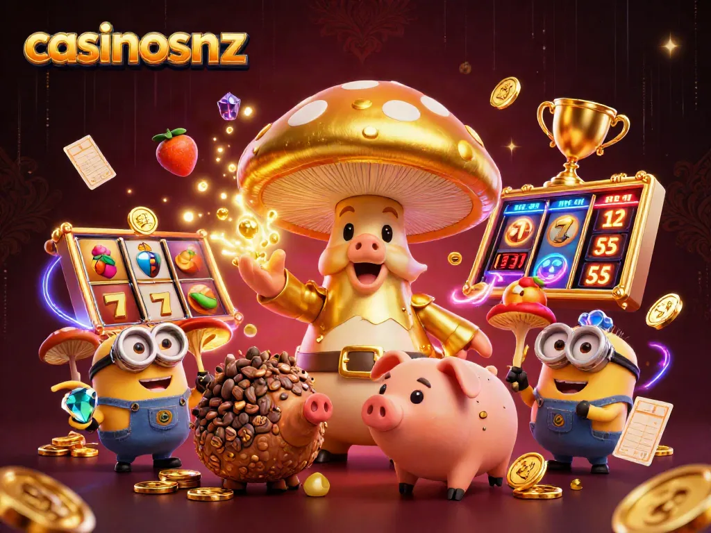 Experience exciting gaming at casinosnz with a magical mushroom wizard and vibrant slot elements.