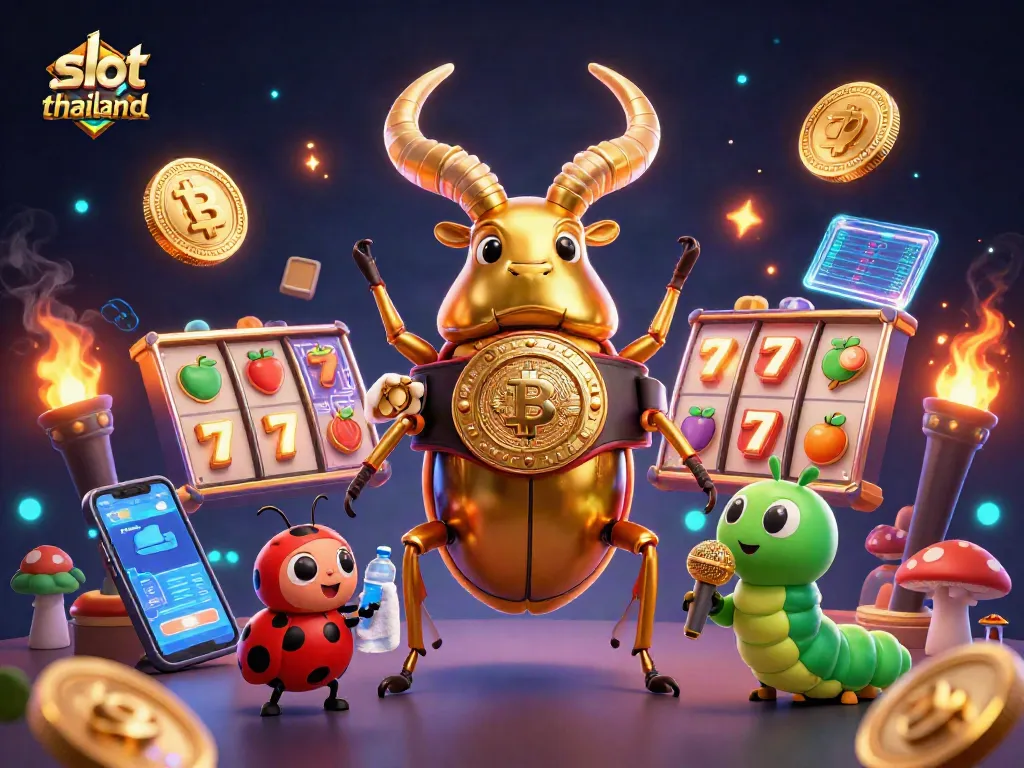 Experience thrilling slots with slot thailand featuring a giant beetle champion in a vivid casino scene.