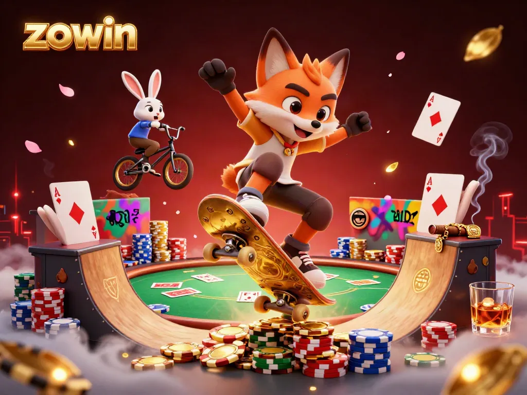 Zowin players enjoying a vibrant casino scene with animated characters and gaming elements.