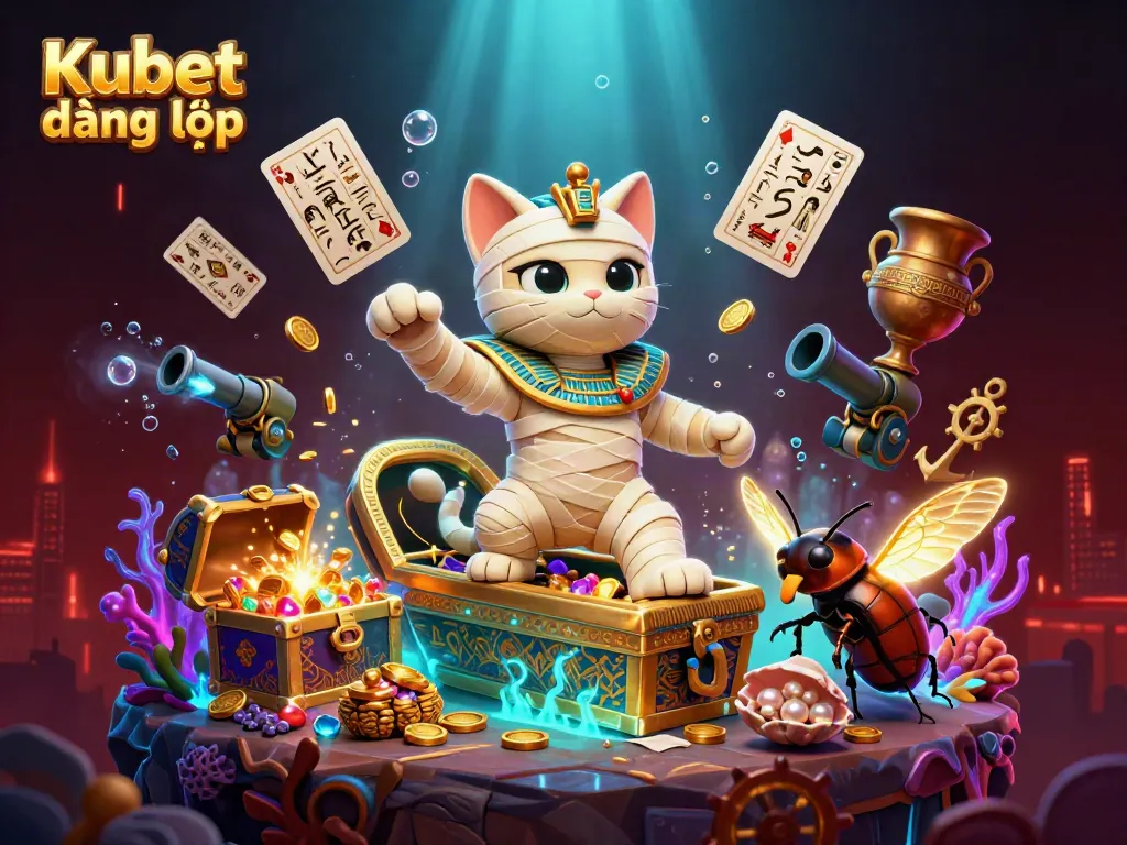 Experience thrilling gameplay at Kubet đăng nhập with vibrant casino-themed 3D illustration of characters and treasures.