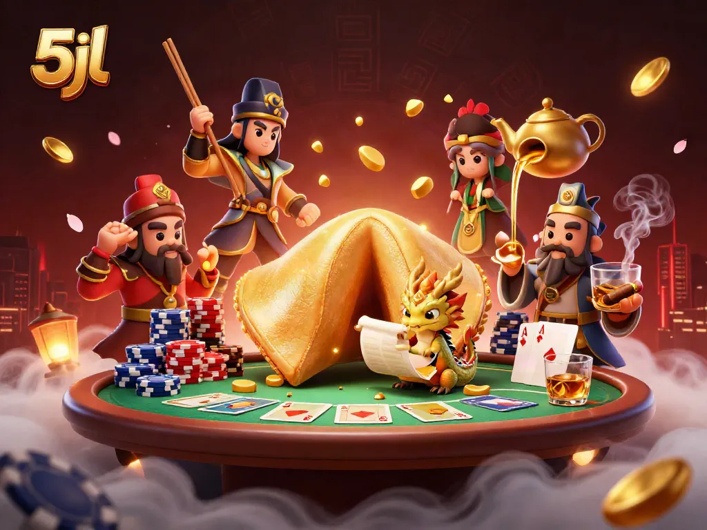 Engage in thrilling gaming action with 5jl casino illustrated scene featuring golden fortune cookie and poker elements.