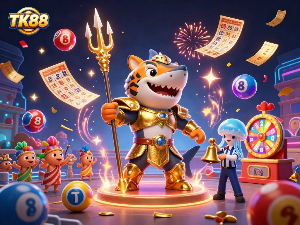 Engage with TK88's vibrant lottery and gaming scene illustrated with dynamic elements.