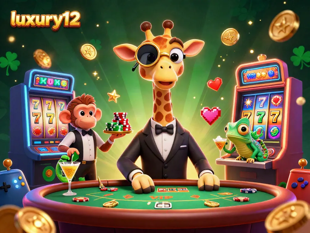 Jerapah membawa kemewahan dalam permainan kartu di luxury12 dengan koktail emas, dikelilingi slot beruntung.