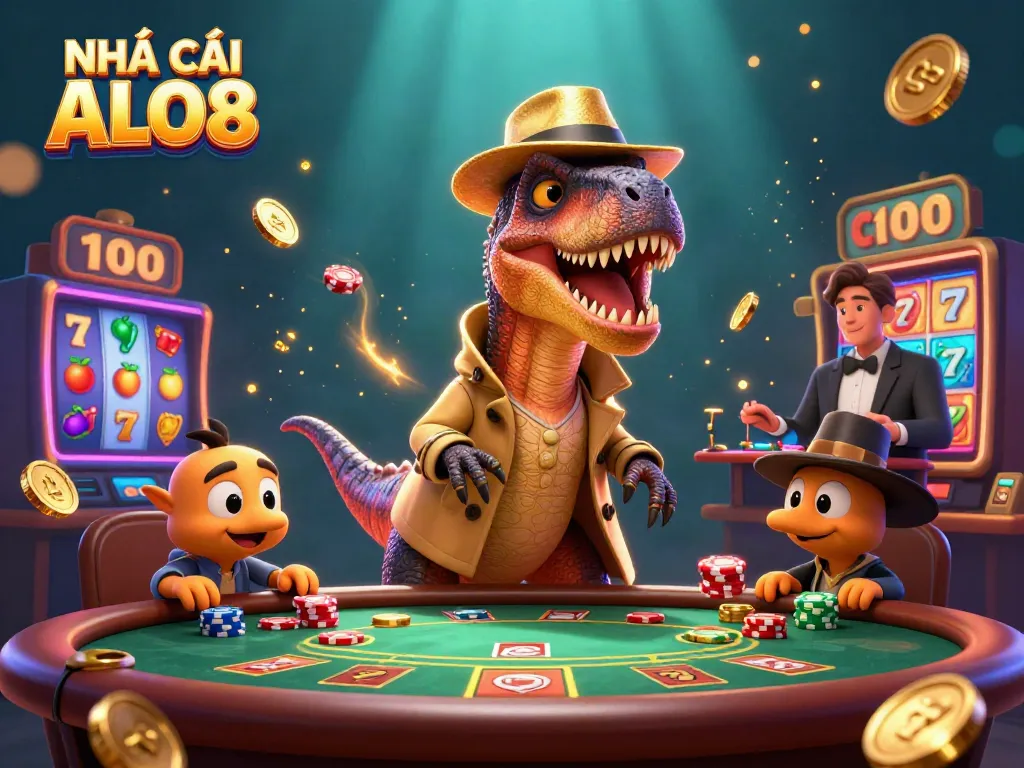 Experience the excitement at NHÀ CÁI ALO8 with a 3D velociraptor card counter and dynamic gaming elements.