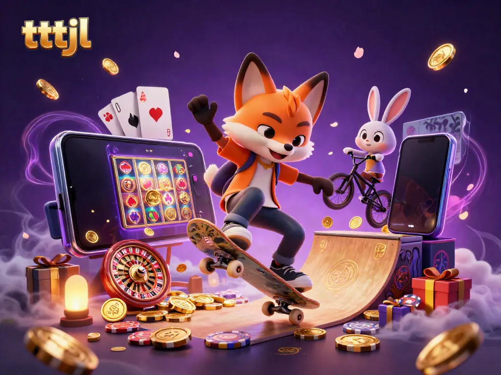 Engage with tttjl gaming thrills in a vibrant scene featuring arcade classics, lively characters, and dynamic casino symbols.