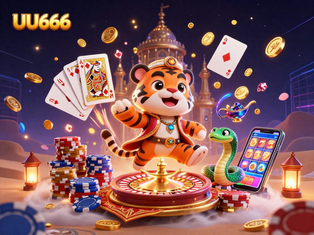 Experience the thrilling world of UU666 with a whimsical sultan amidst sparkling casino elements.