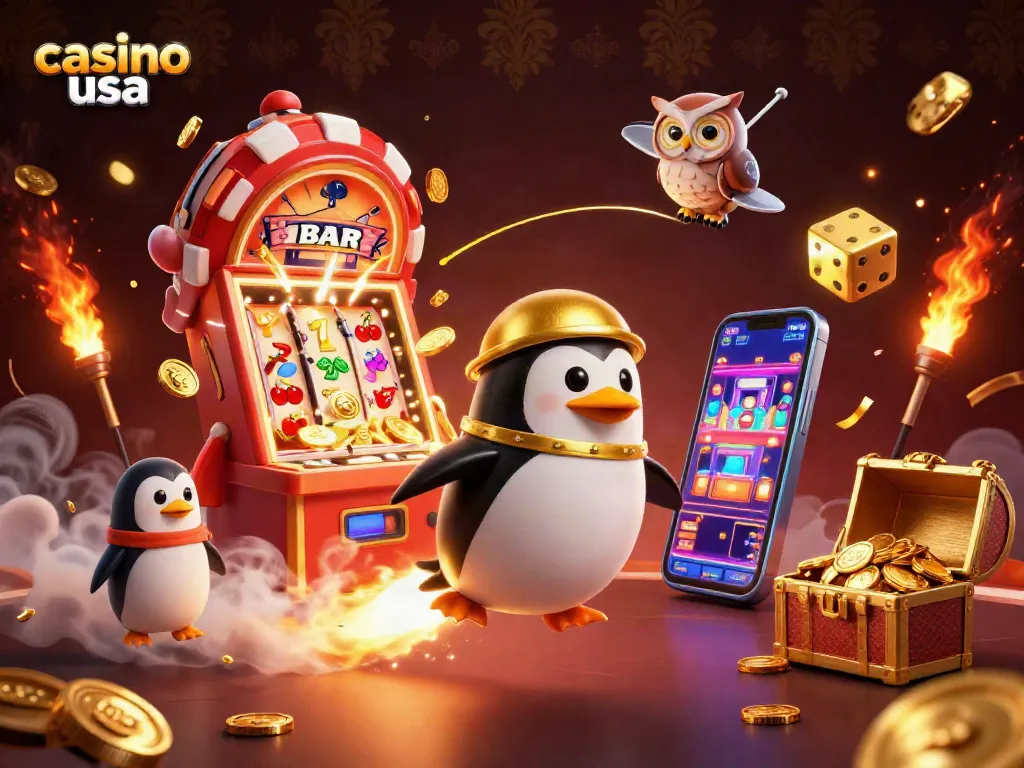 Experience the thrill of casino usa with a golden penguin flying past a jackpot explosion.