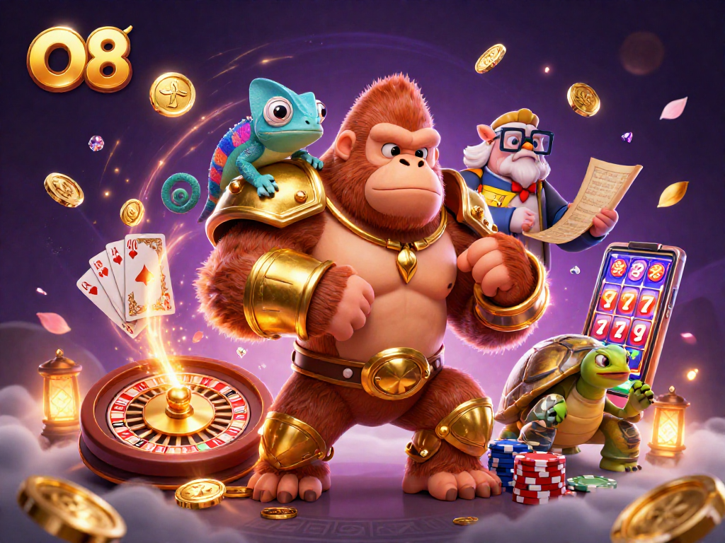 Experience the thrill of O8 Casino with vibrant characters and dynamic gambling elements.
